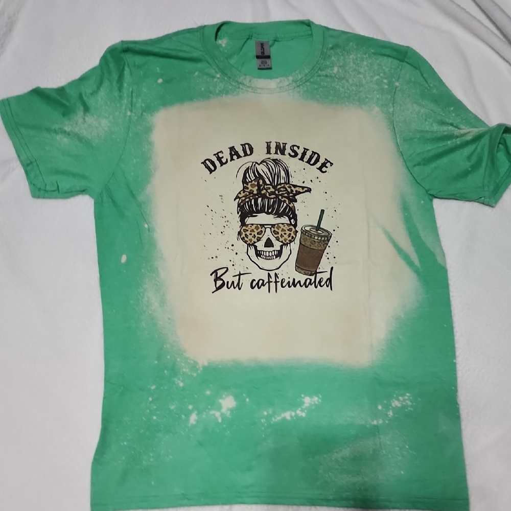 Gildan Green Graphic Tee - Skull and Coffee Design
